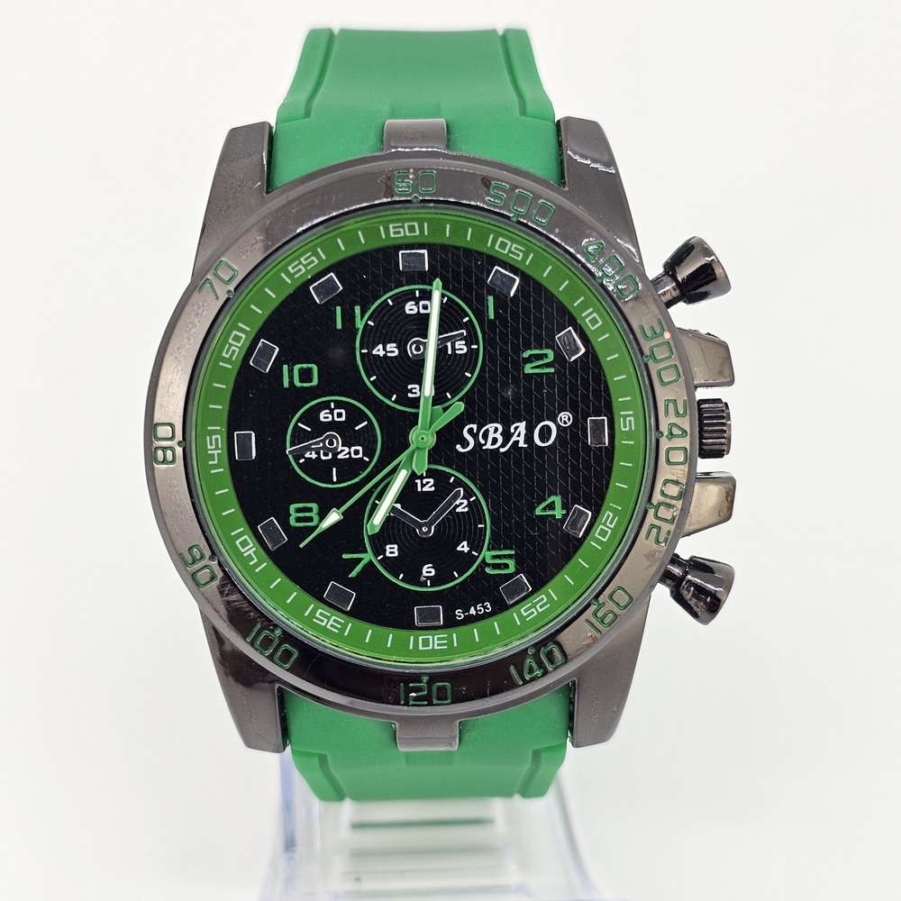 Men's Analog Watch 45MM Black Dial Green Plastic Bands New Battery